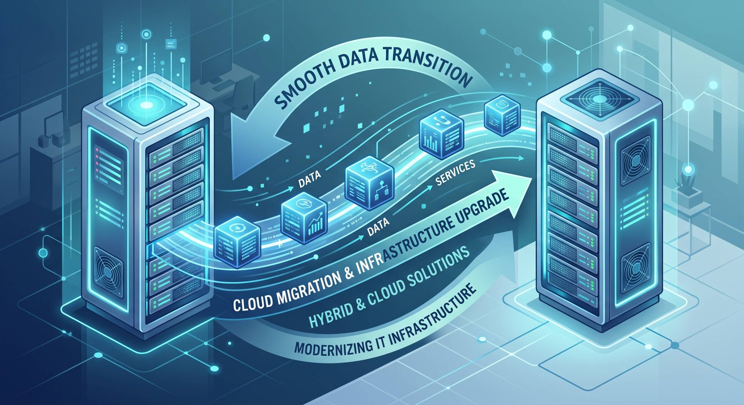 Illustration of a data center with servers on both sides and a curved ribbon reading 'Smooth Data Transition' over data and cloud terms.