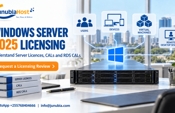 JunubiaHost Windows Server 2025 Licensing banner with a server rack and network-icons, plus a 'Request a Licensing Review' CTA.