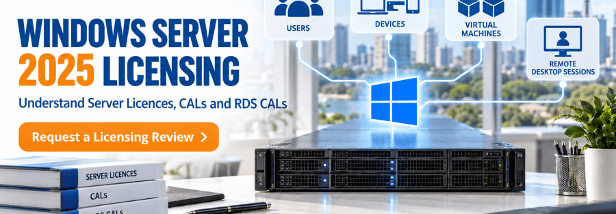 JunubiaHost Windows Server 2025 Licensing banner with a server rack and network-icons, plus a 'Request a Licensing Review' CTA.