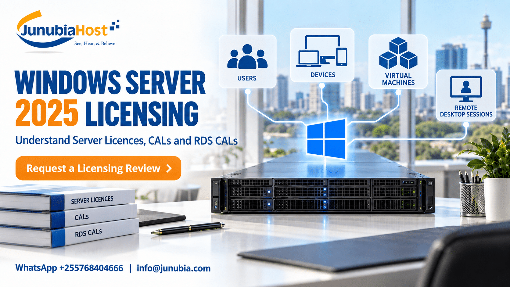 JunubiaHost Windows Server 2025 Licensing banner with a server rack and network-icons, plus a 'Request a Licensing Review' CTA.