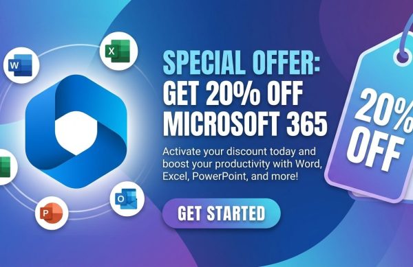 Microsoft 365 discount 2 Promotional banner advertising 20% off Microsoft 365 with Word, Excel, PowerPoint icons around a blue logo and a Get Started button.