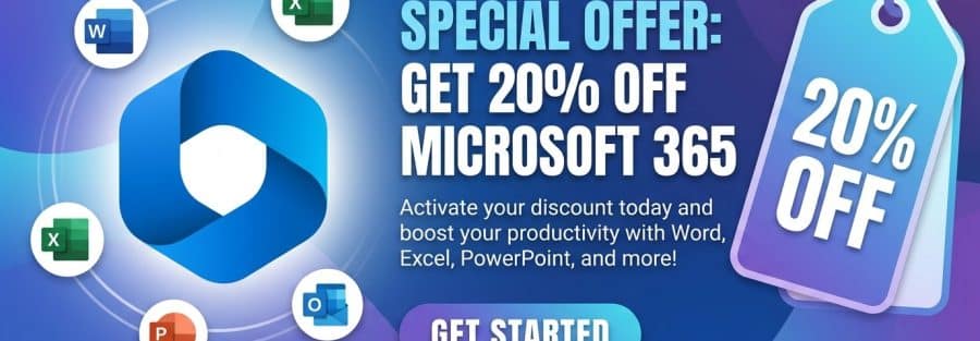 Promotional banner advertising 20% off Microsoft 365 with Word, Excel, PowerPoint icons around a blue logo and a Get Started button.